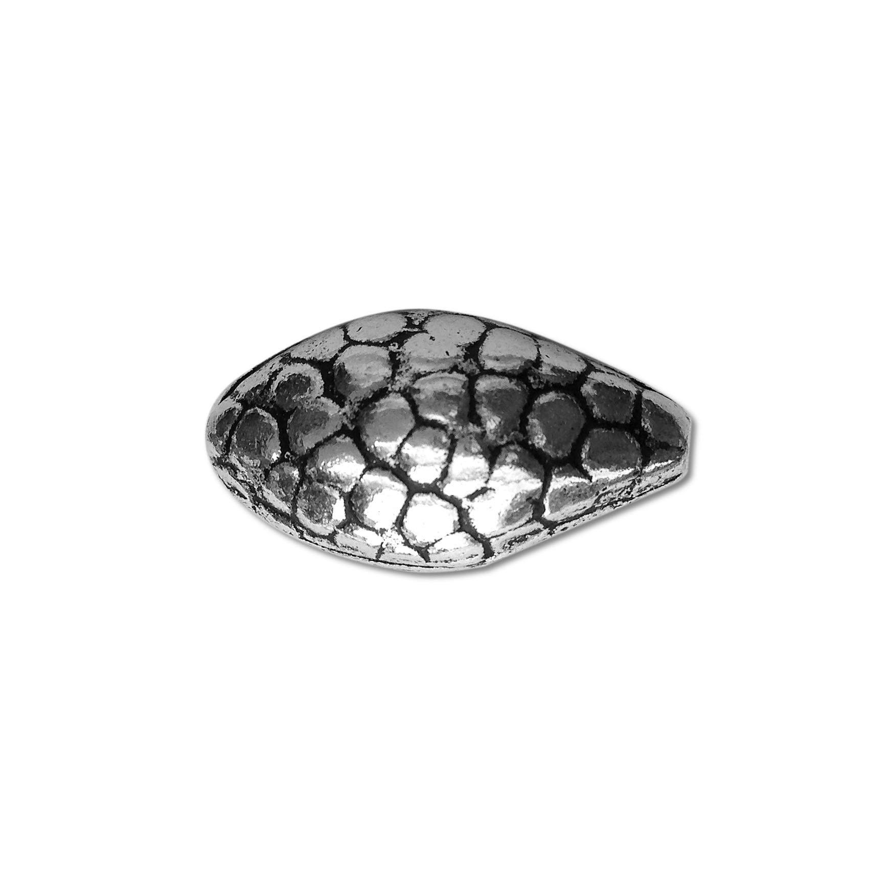 Handcrafted oval bead cap with silver overlay over copper, featuring organic pebble texture and oxidized finish, made in India.