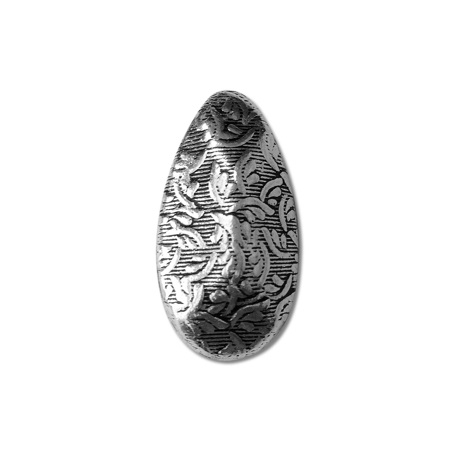 Handcrafted long oval bead cap with silver overlay over copper, featuring floral vine texture and oxidized finish, made in India.