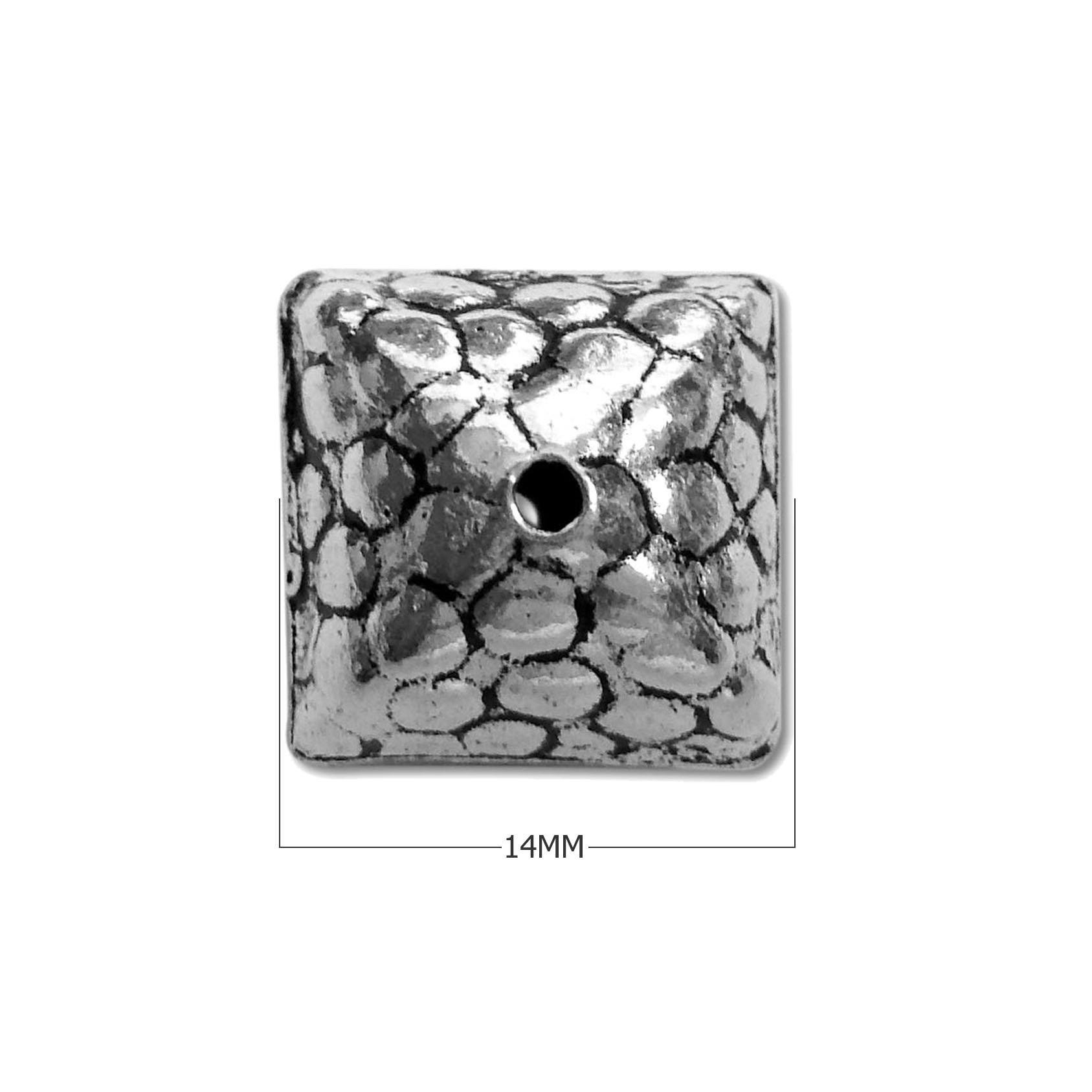 Handcrafted square bead cap with silver overlay over copper, featuring pebble textured design and oxidized finish, made in India.