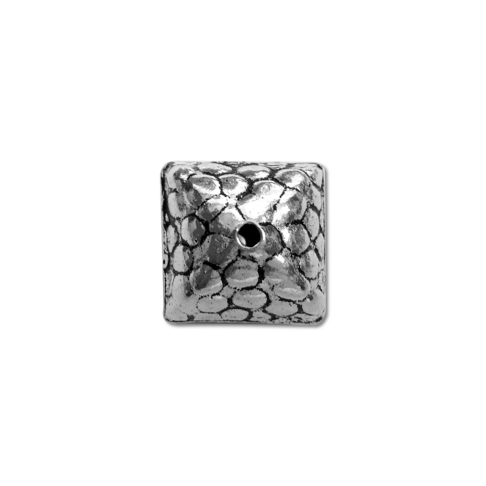 Handcrafted square bead cap with silver overlay over copper, featuring pebble textured design and oxidized finish, made in India.