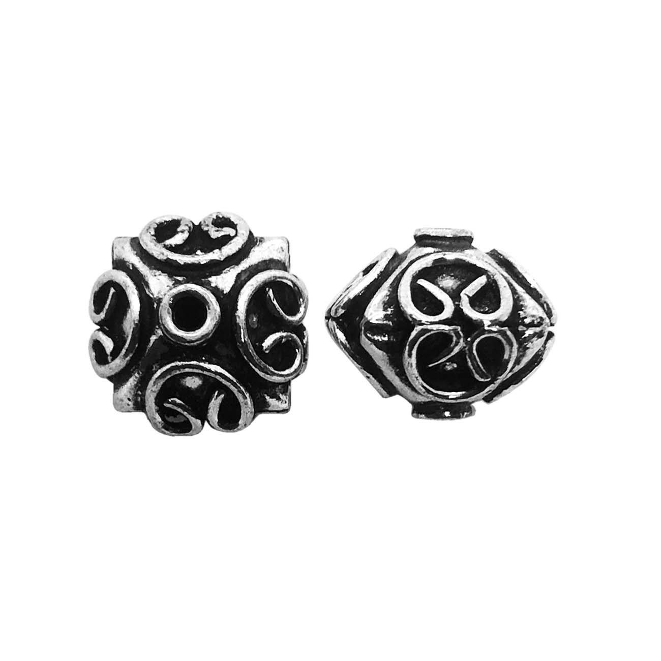 Bulk handcrafted Silver Overlay Over Copper geometric cube beads with raised swirl detailing and antique silver finish, made in India.