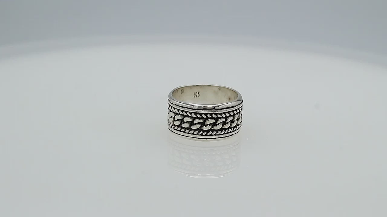 Wholesale sterling silver chain link band rings with wide oxidized design, unisex silver jewelry for bulk resellers.