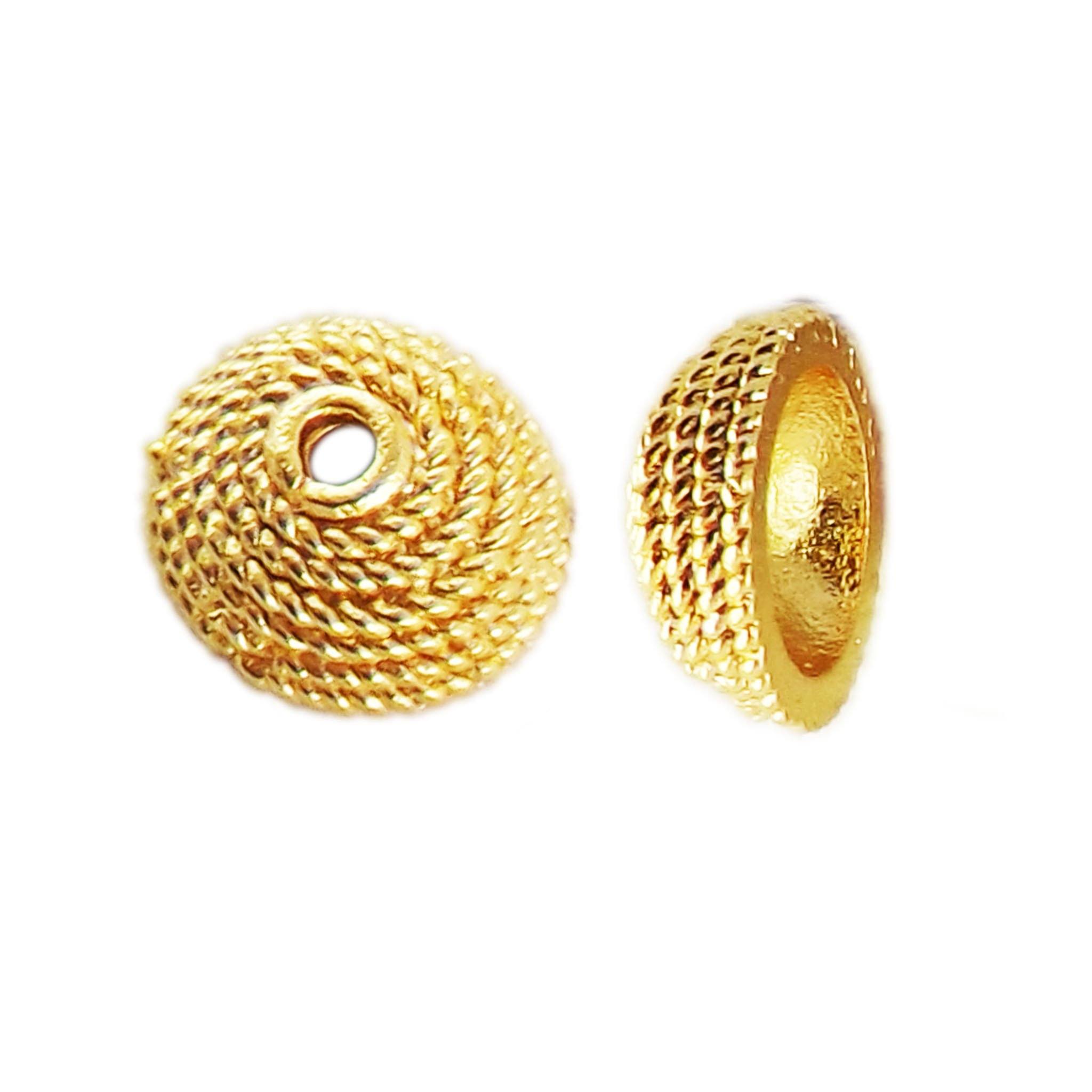 18K Gold Overlay Over Copper spiral texture round bead cap, handcrafted artisan jewelry component from India for wholesale supply