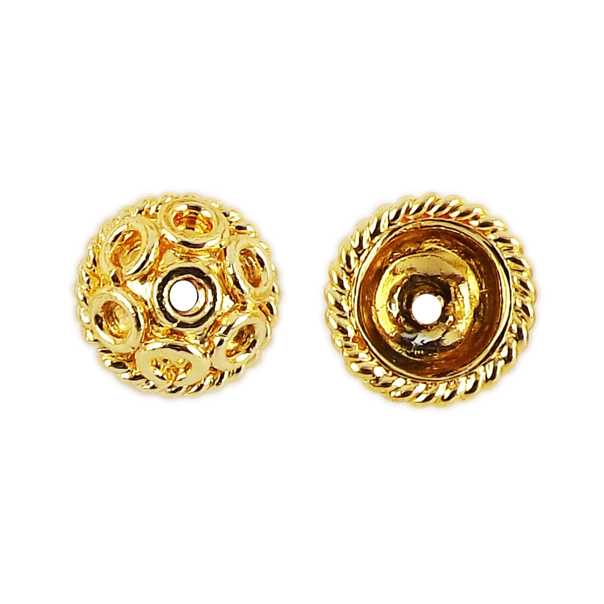 18K Gold Overlay Over Copper openwork floral bead cap with cutout design, handcrafted artisan jewelry component from India for wholesale supply