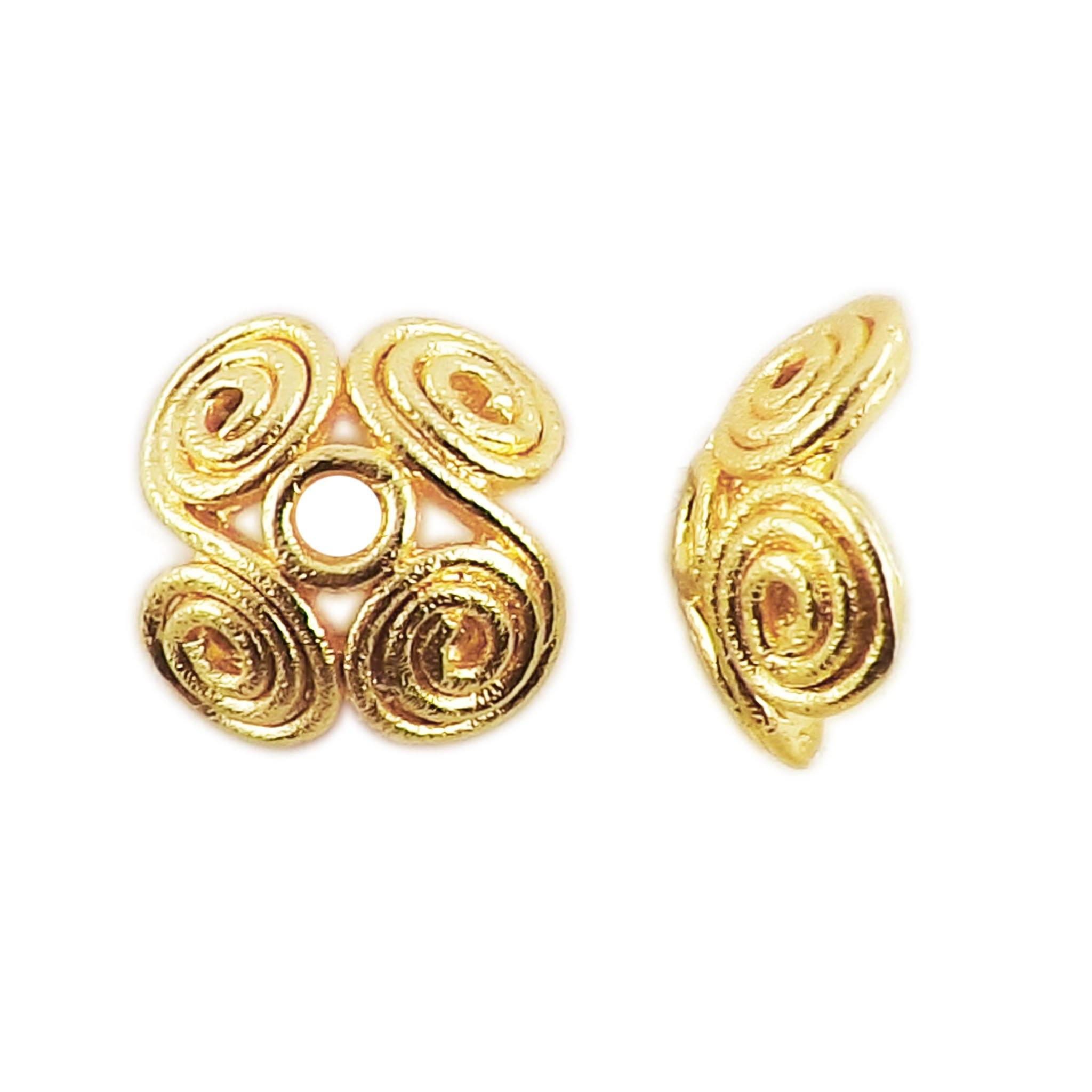 18K Gold Overlay Over Copper spiral texture bead cap with central hole, handcrafted jewelry component from India.