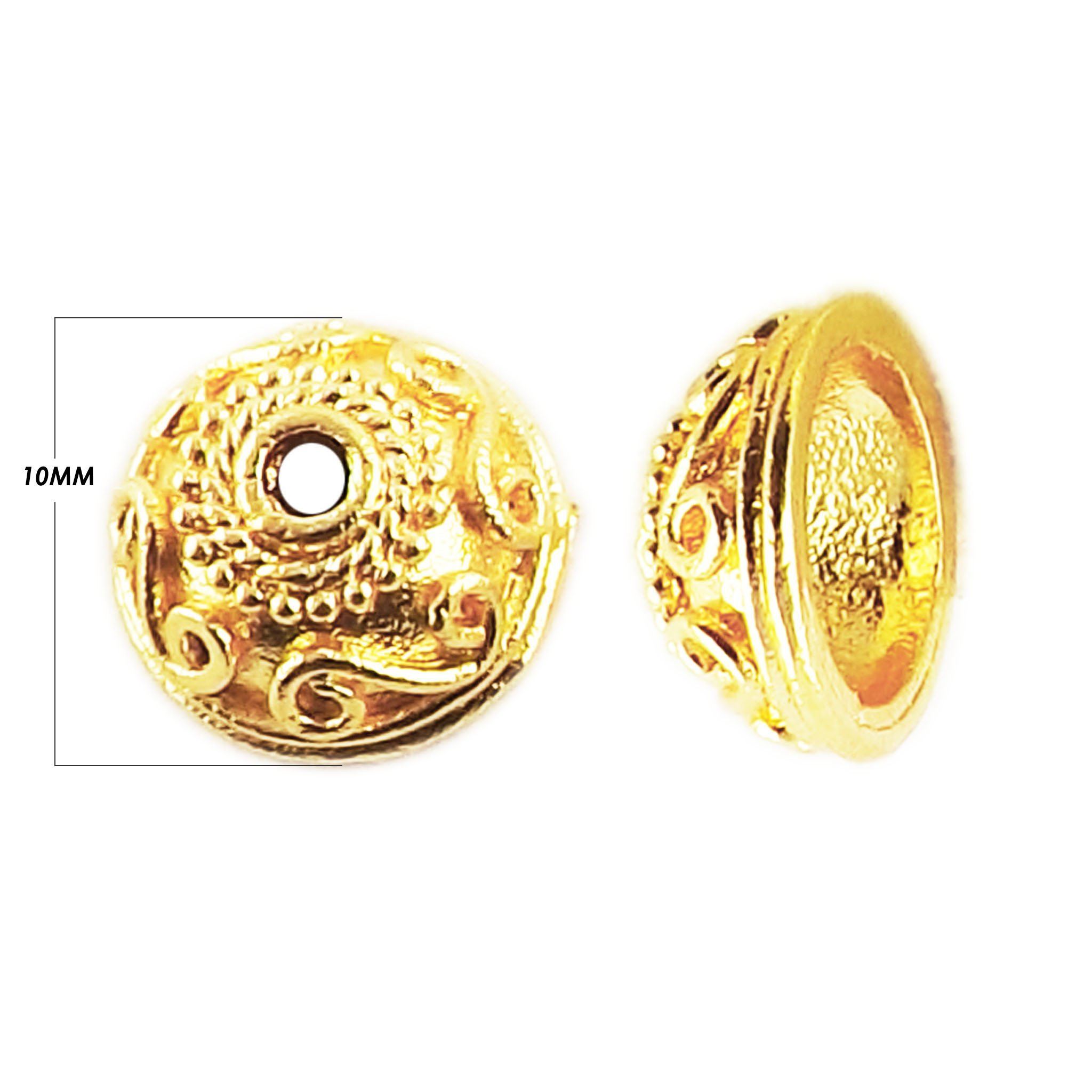 18K Gold Overlay Over Copper antique scroll texture bead cap with engraved detailing, handcrafted jewelry component from India.