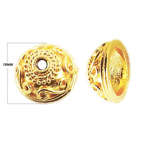 18K Gold Overlay Over Copper antique scroll texture bead cap with engraved detailing, handcrafted jewelry component from India.