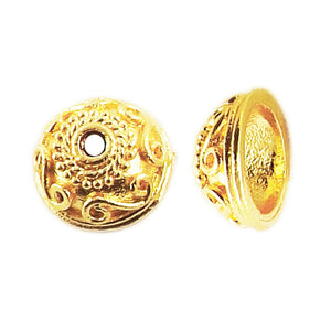 18K Gold Overlay Over Copper antique scroll texture bead cap with engraved detailing, handcrafted jewelry component from India.