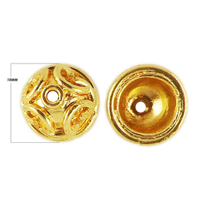 18K Gold Overlay Over Copper curved cutwork dome bead cap with swirl window pattern and center hole, handcrafted jewelry component from India.
