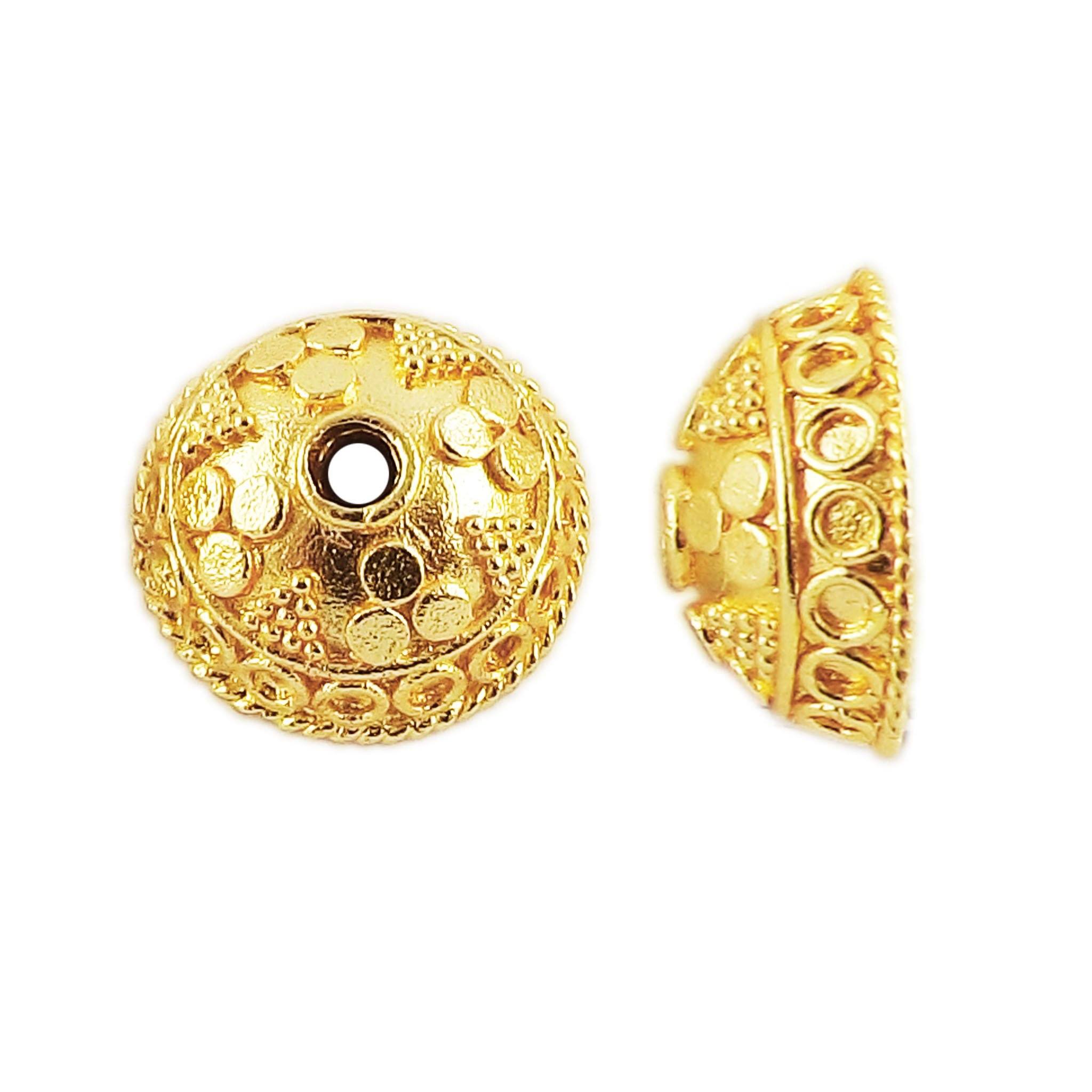 18K Gold Overlay Over Copper hammered disc dome bead cap with textured surface and center hole, handcrafted jewelry component from India.