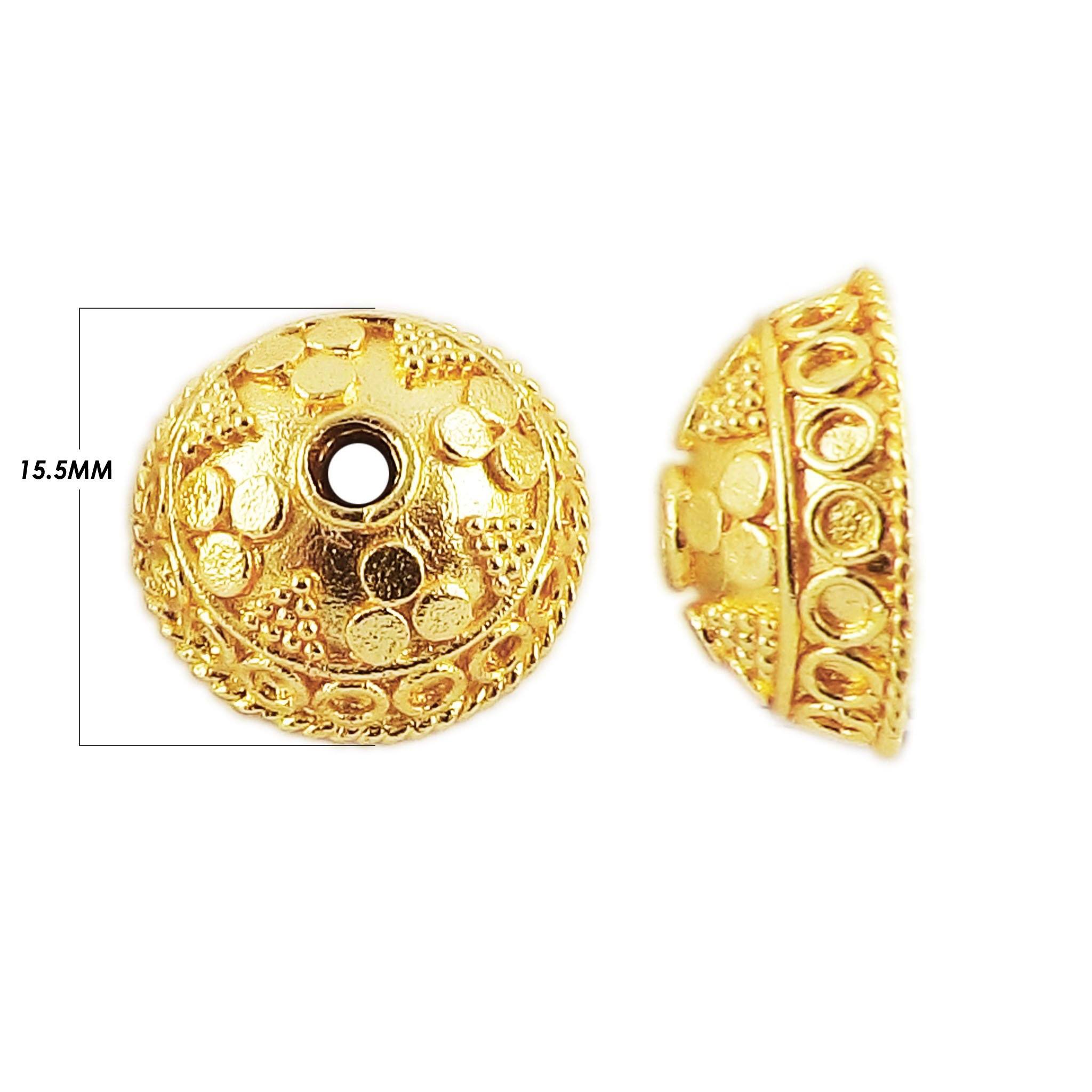 18K Gold Overlay Over Copper hammered disc dome bead cap with textured surface and center hole, handcrafted jewelry component from India.