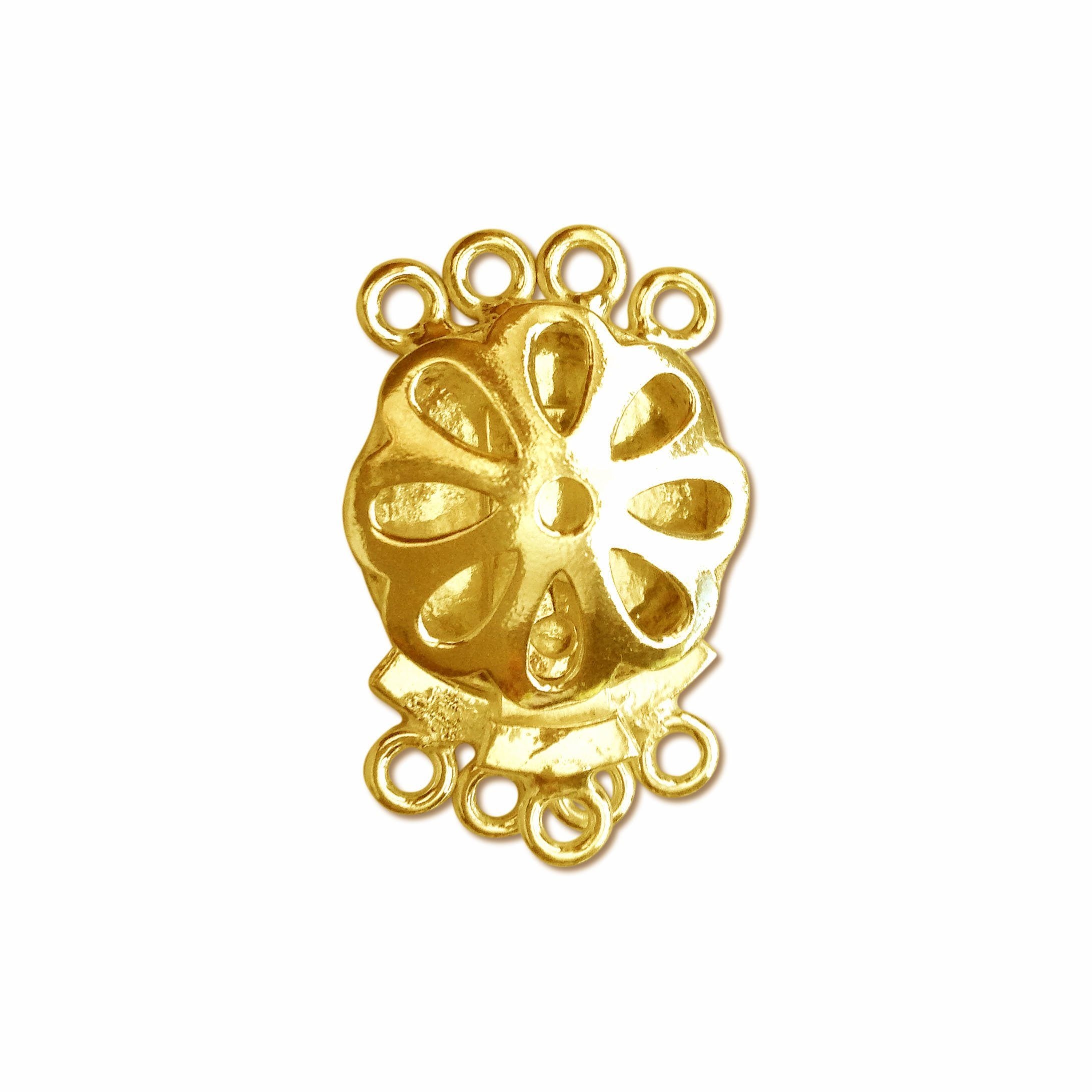 Handcrafted floral multi strand clasp with 4 holes made with 18K Gold Overlay Over Copper, polished finish, handcrafted in India for wholesale jewelry manufacturing.