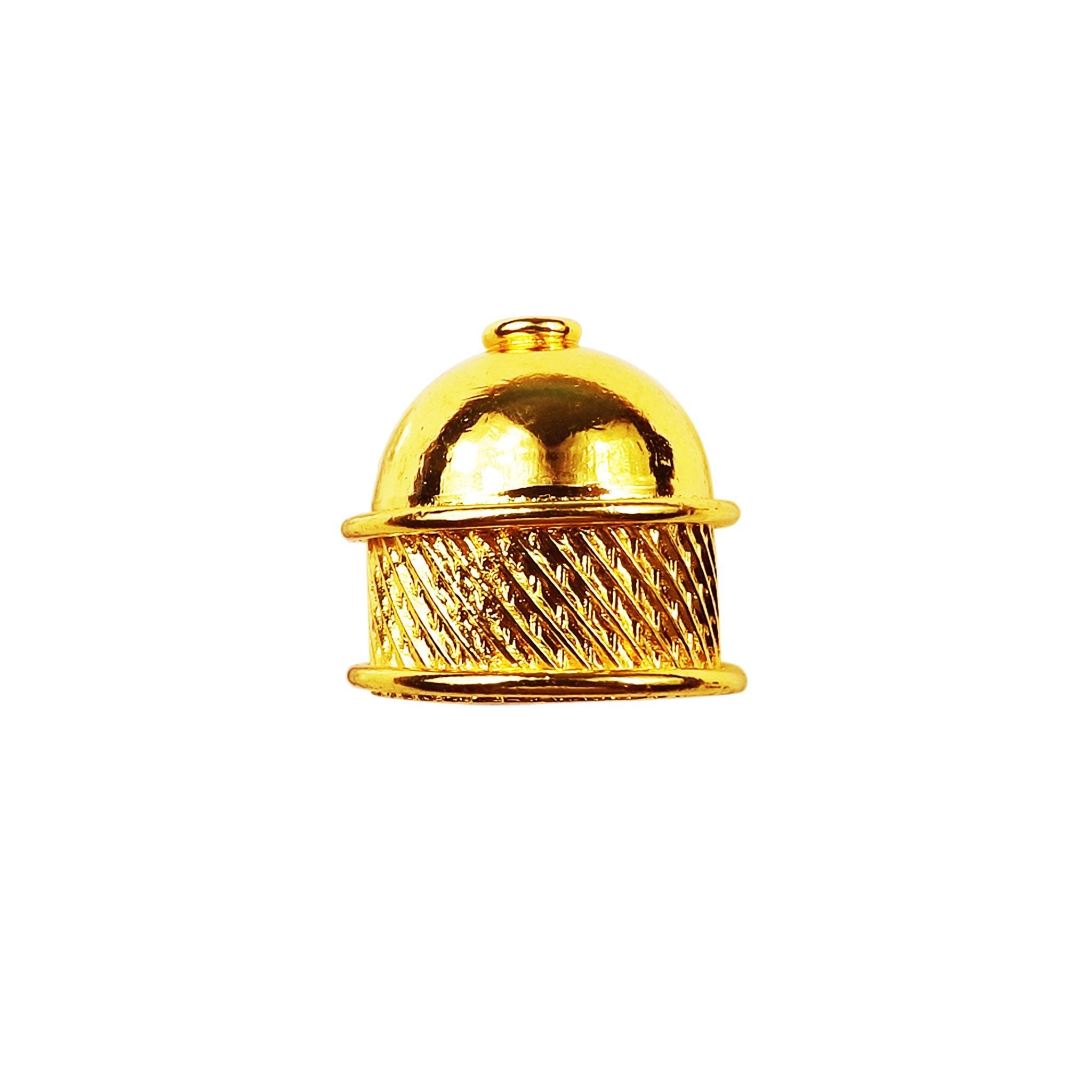 Handcrafted diagonal textured dome bead cap with loop made with 18K Gold Overlay Over Copper, handcrafted in India for wholesale jewelry manufacturing.