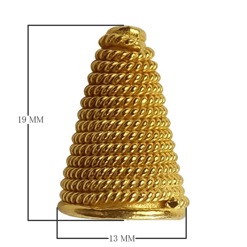 Tall rope-textured cone end cap made from 18K Gold Overlay Over Copper, handcrafted in India for wholesale jewelry production