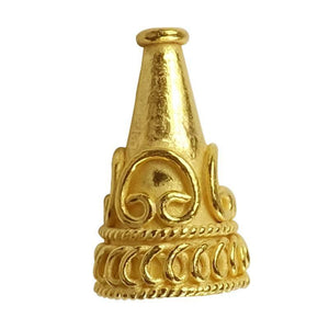 Ornate cone end cap with scroll detailing made from 18K Gold Overlay Over Copper, handcrafted in India for wholesale jewelry use