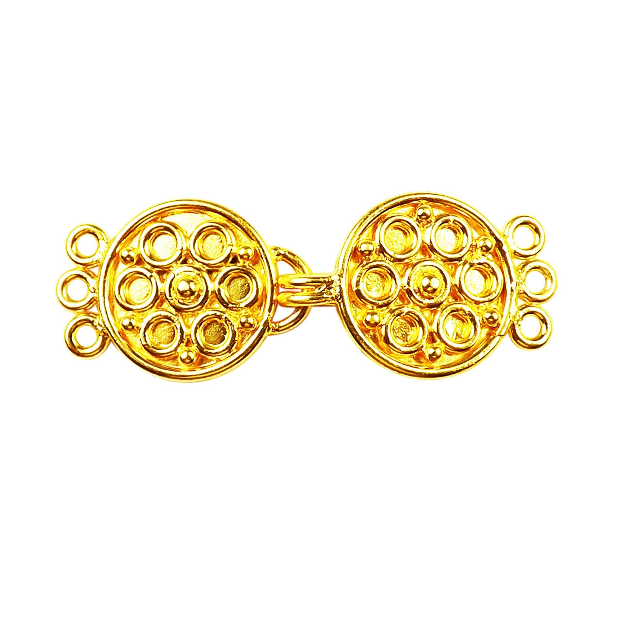 Handcrafted Double Disc Multi Strand Clasp With 3 Holes Made With 18K Gold Overlay Over Copper For Jewelry Making And Wholesale Collection