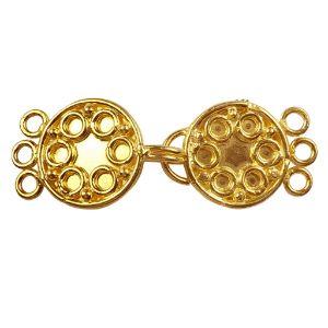 Handcrafted Double Disc Multi Strand Clasp With 3 Holes And Circular Detailing Made With 18K Gold Overlay Over Copper For Wholesale Jewelry Making
