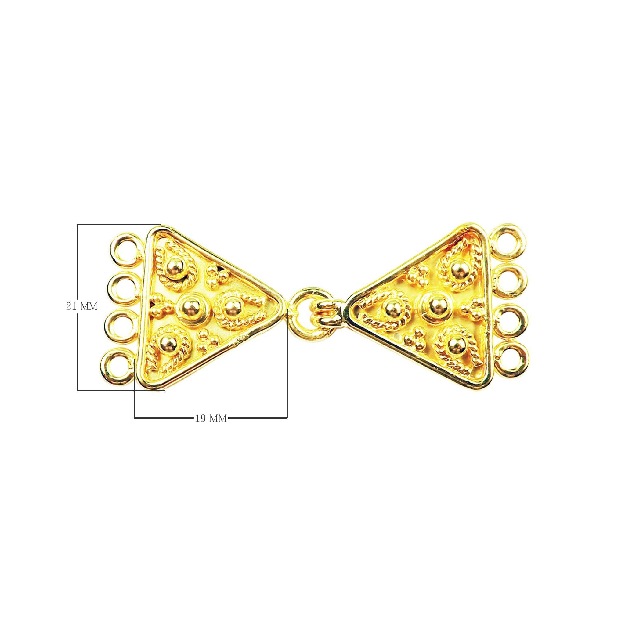 Handcrafted Triangle Shape Multi Strand Clasp With 4 Holes Made With 18K Gold Overlay Over Copper For Jewelry Making And Wholesale Collection