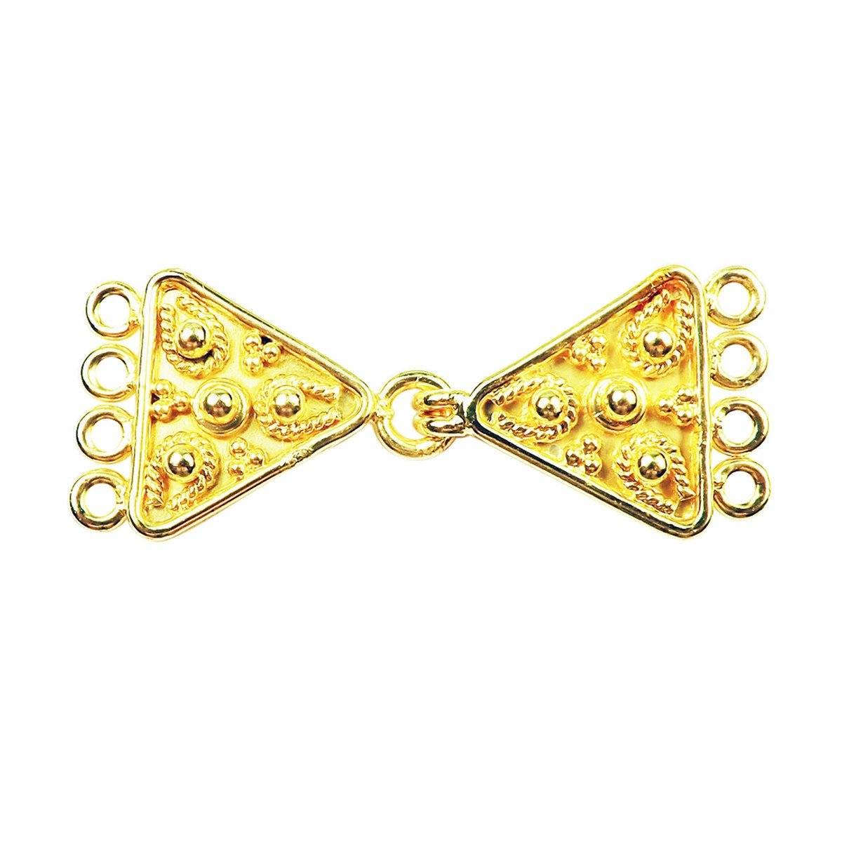 Handcrafted Triangle Shape Multi Strand Clasp With 4 Holes Made With 18K Gold Overlay Over Copper For Jewelry Making And Wholesale Collection