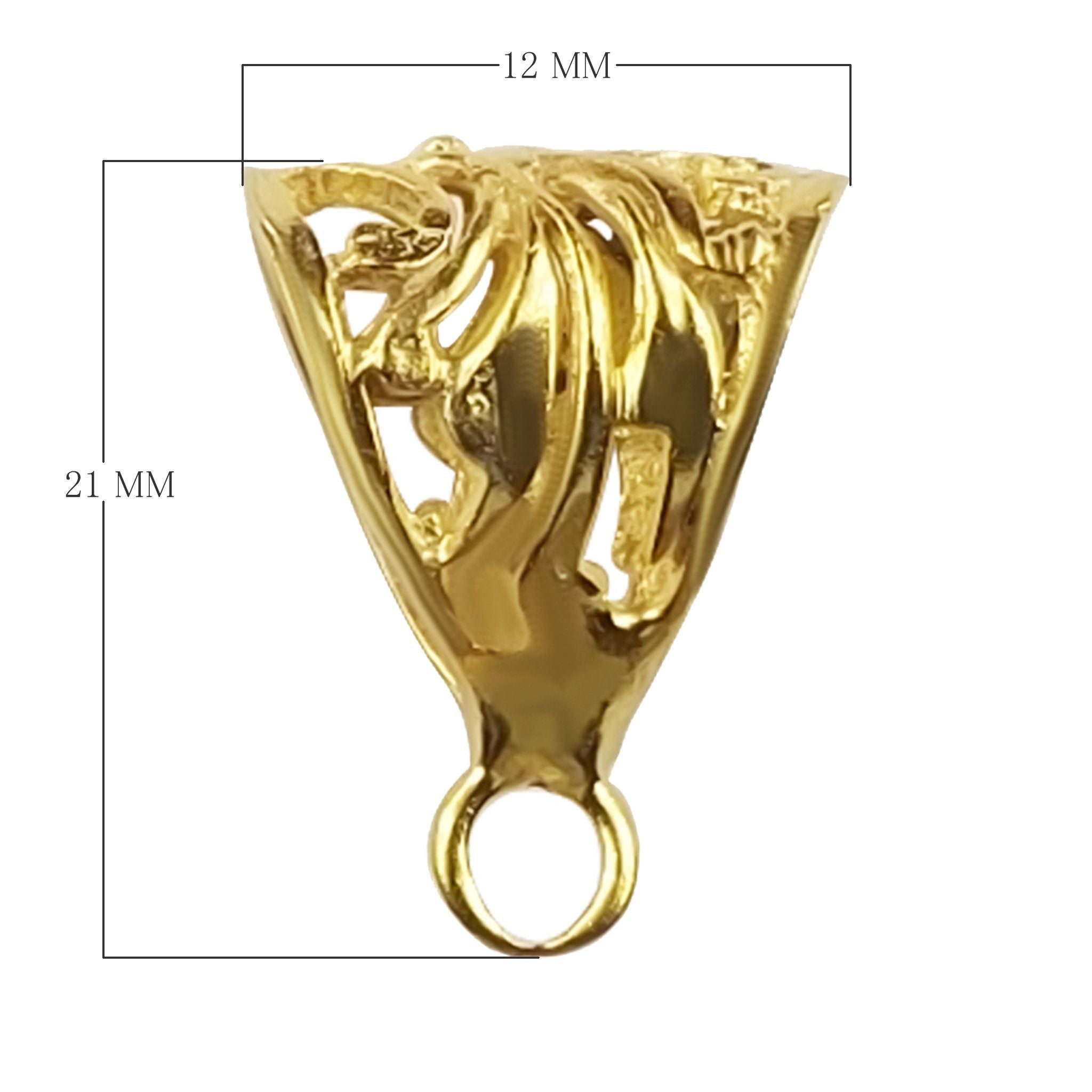 Ornamental cone-shaped pendant bail crafted in 18K Gold Overlay Over Copper, handcrafted in India for wholesale jewelry use.