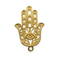 Handcrafted Hamsa hand pendant connector with evil eye design in 18K Gold Overlay Over Copper, made in India for wholesale jewelry making.
