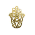 Openwork Hamsa hand connector with central circular cutout in 18K Gold Overlay Over Copper, handcrafted in India for wholesale jewelry making.