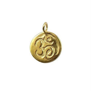 OM symbol round charm in 18K Gold Overlay Over Copper, handcrafted in India for wholesale jewelry making.