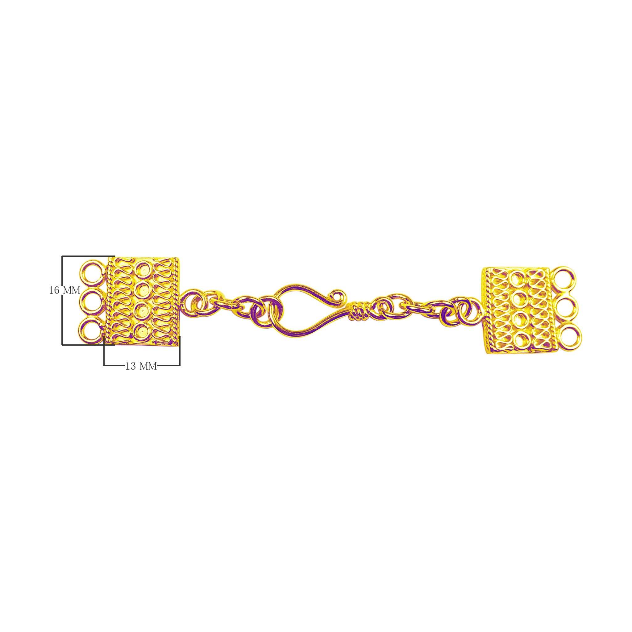 Handcrafted multi strand clasp with 3 holes and hook closure, 18K Gold Overlay Over Copper, made in India for wholesale jewelry making.