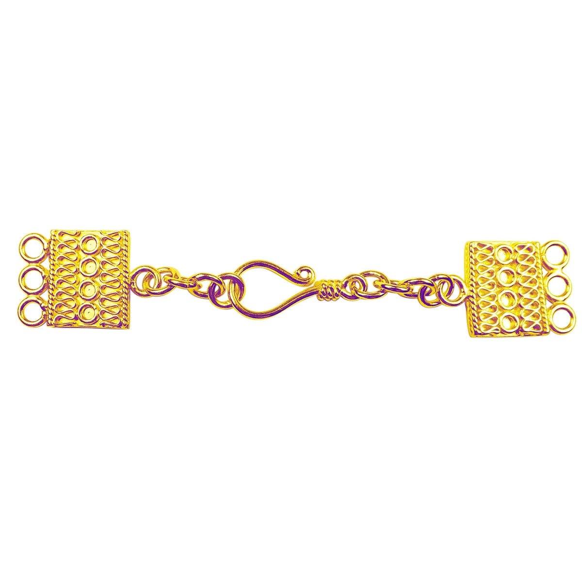 Handcrafted multi strand clasp with 3 holes and hook closure, 18K Gold Overlay Over Copper, made in India for wholesale jewelry making.