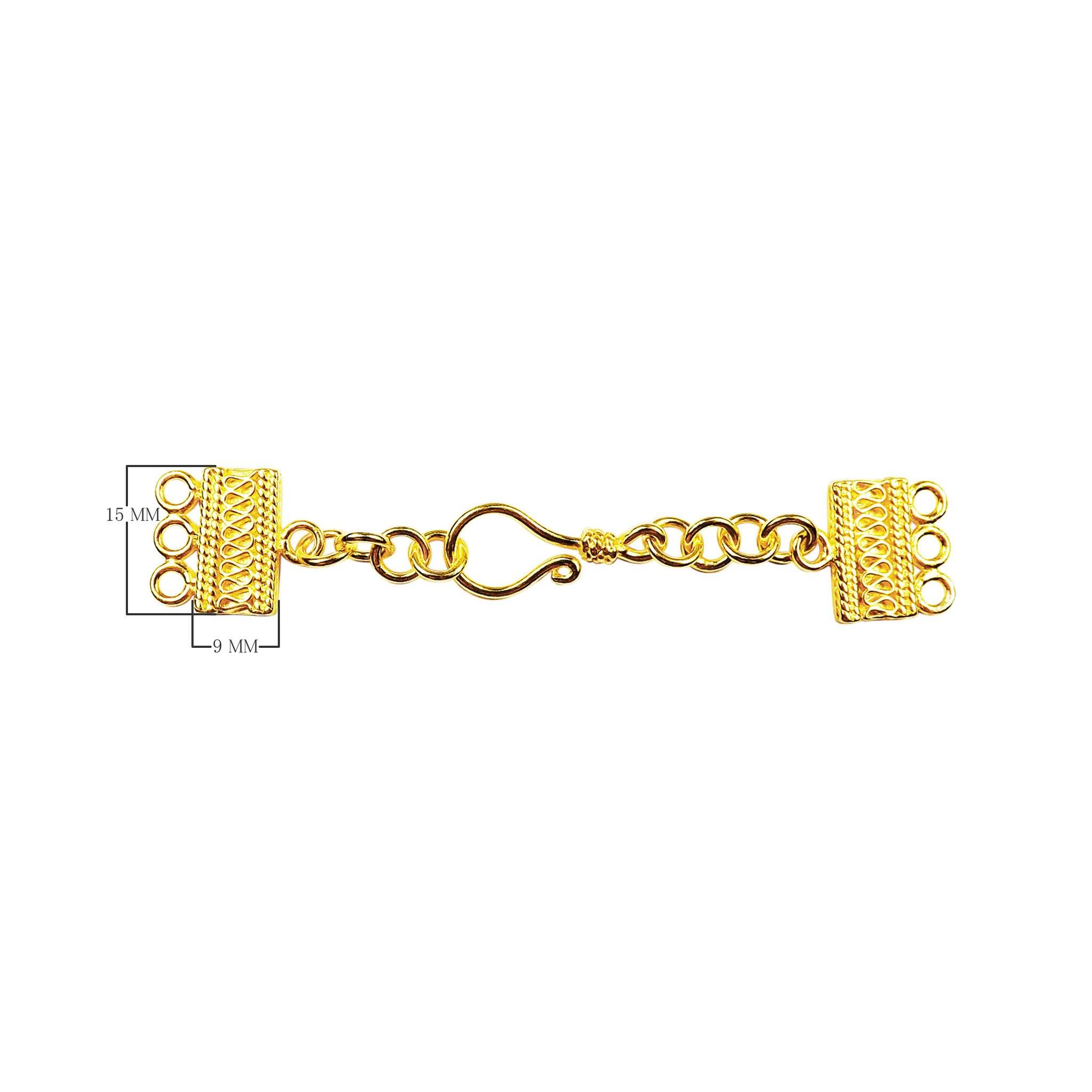Handcrafted multi strand clasp with 3 holes, hook closure, and chain extender, 18K Gold Overlay Over Copper, made in India for wholesale jewelry making.