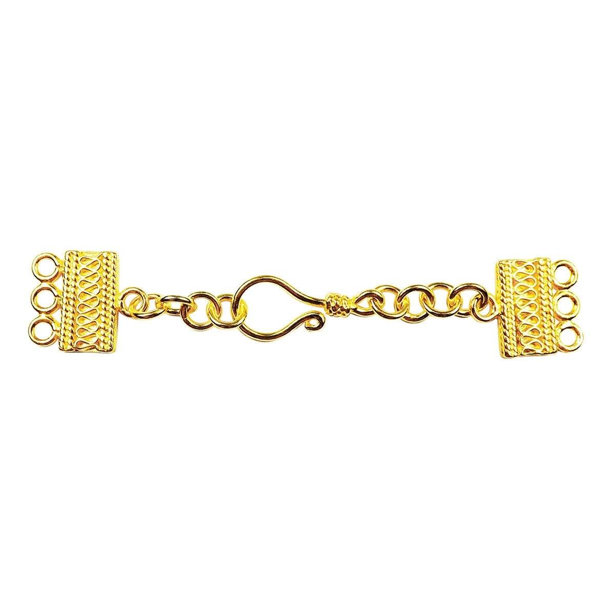 Handcrafted multi strand clasp with 3 holes, hook closure, and chain extender, 18K Gold Overlay Over Copper, made in India for wholesale jewelry making.