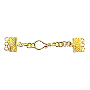 Handcrafted multi strand clasp with 3 holes, hook closure, and chain extender, 18K Gold Overlay Over Copper, made in India for wholesale jewelry making.