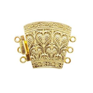 Handcrafted ornate multi strand clasp with 3 holes in 18K Gold Overlay Over Copper, wholesale jewelry component from India