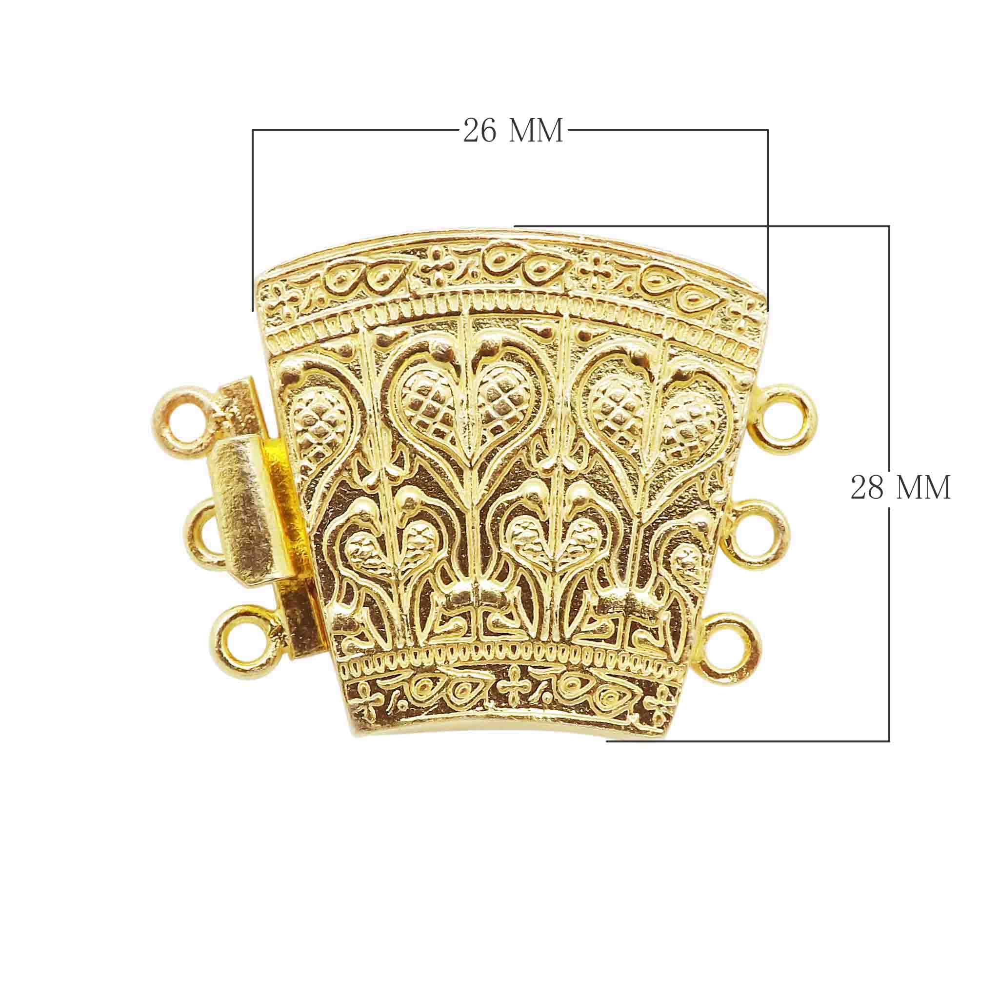 Handcrafted ornate multi strand clasp with 3 holes in 18K Gold Overlay Over Copper, wholesale jewelry component from India
