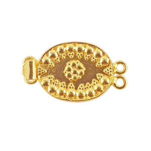 Handcrafted ornate oval multi strand clasp with 2 holes in 18K Gold Overlay Over Copper, wholesale jewelry component from India