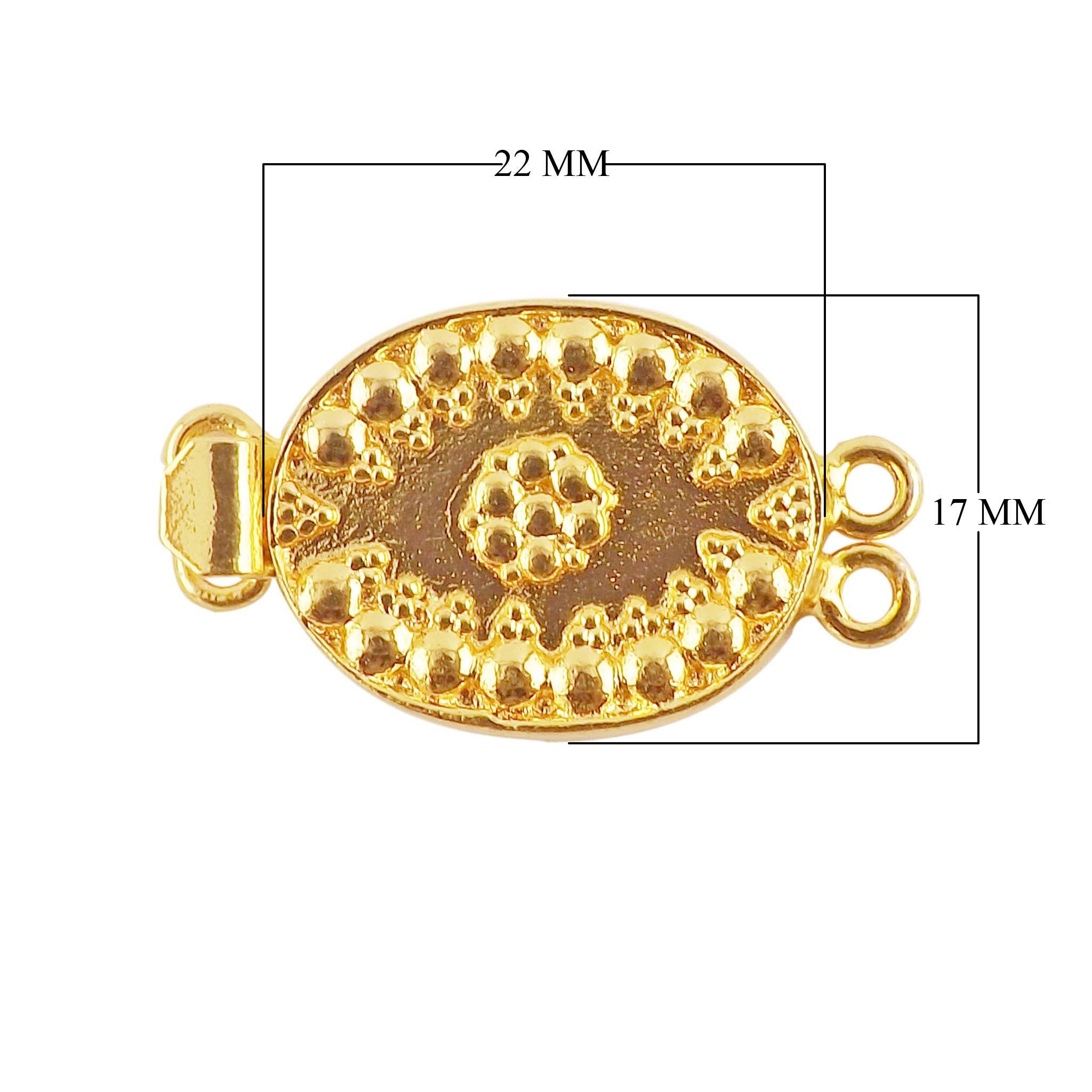 Handcrafted ornate oval multi strand clasp with 2 holes in 18K Gold Overlay Over Copper, wholesale jewelry component from India