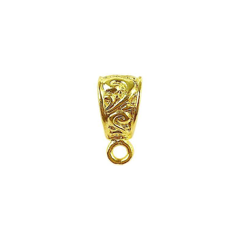 Handcrafted ornate scroll pattern pendant bail with single loop in 18K Gold Overlay Over Copper, wholesale jewelry component from India
