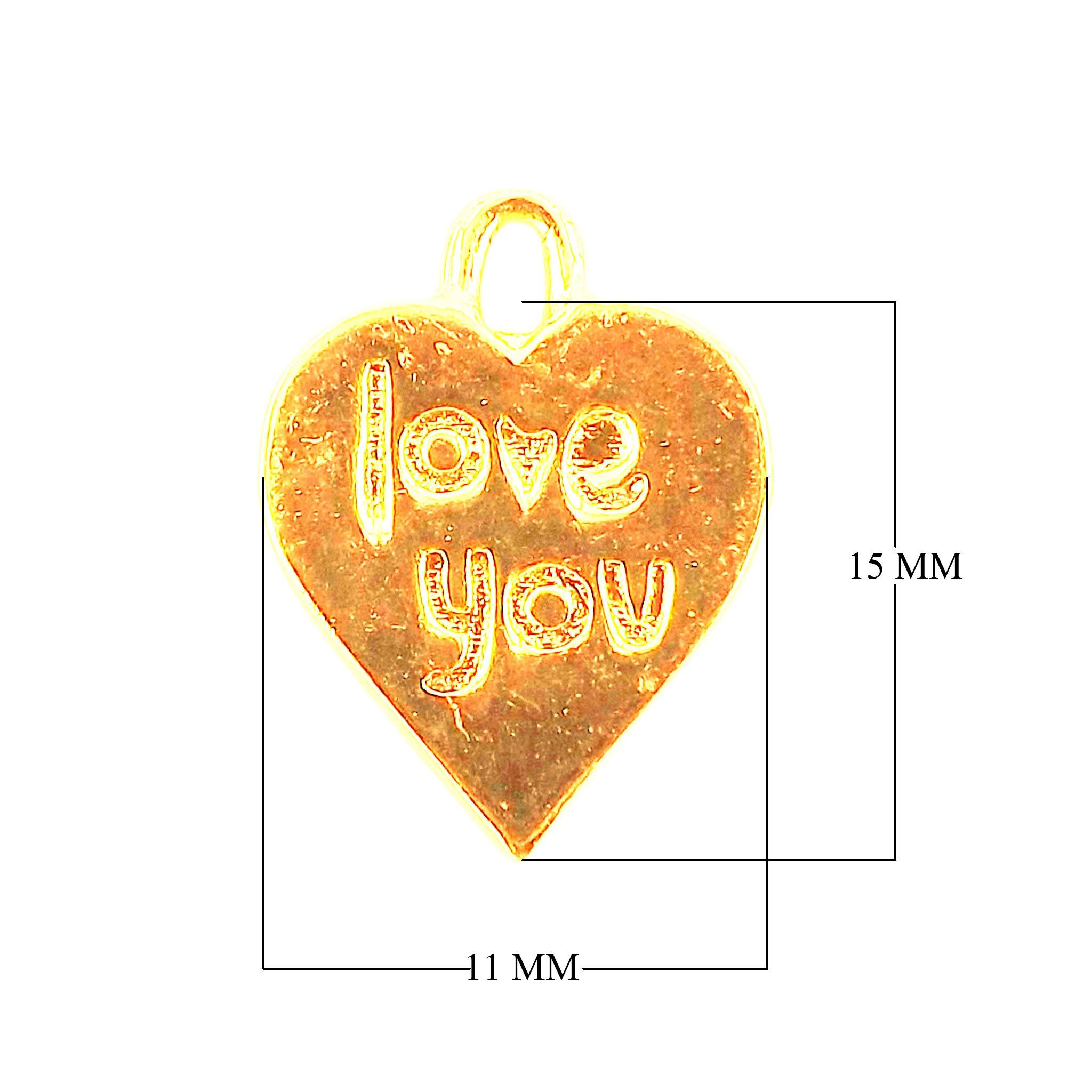 Handcrafted heart shape Love You engraved charm in 18K Gold Overlay Over Copper, wholesale jewelry component from India