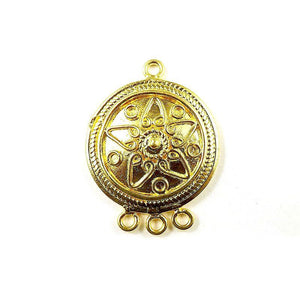 Round floral connectors with 3 holes featuring center dome crafted in 18K Gold Overlay Over Copper from India