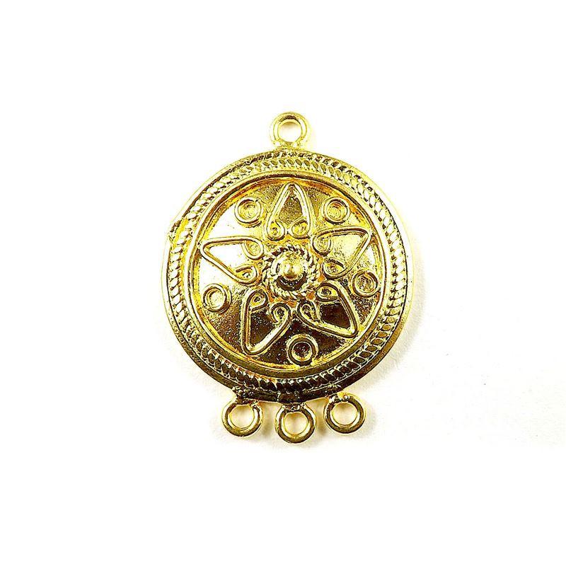 Round floral connectors with 3 holes featuring center dome crafted in 18K Gold Overlay Over Copper from India