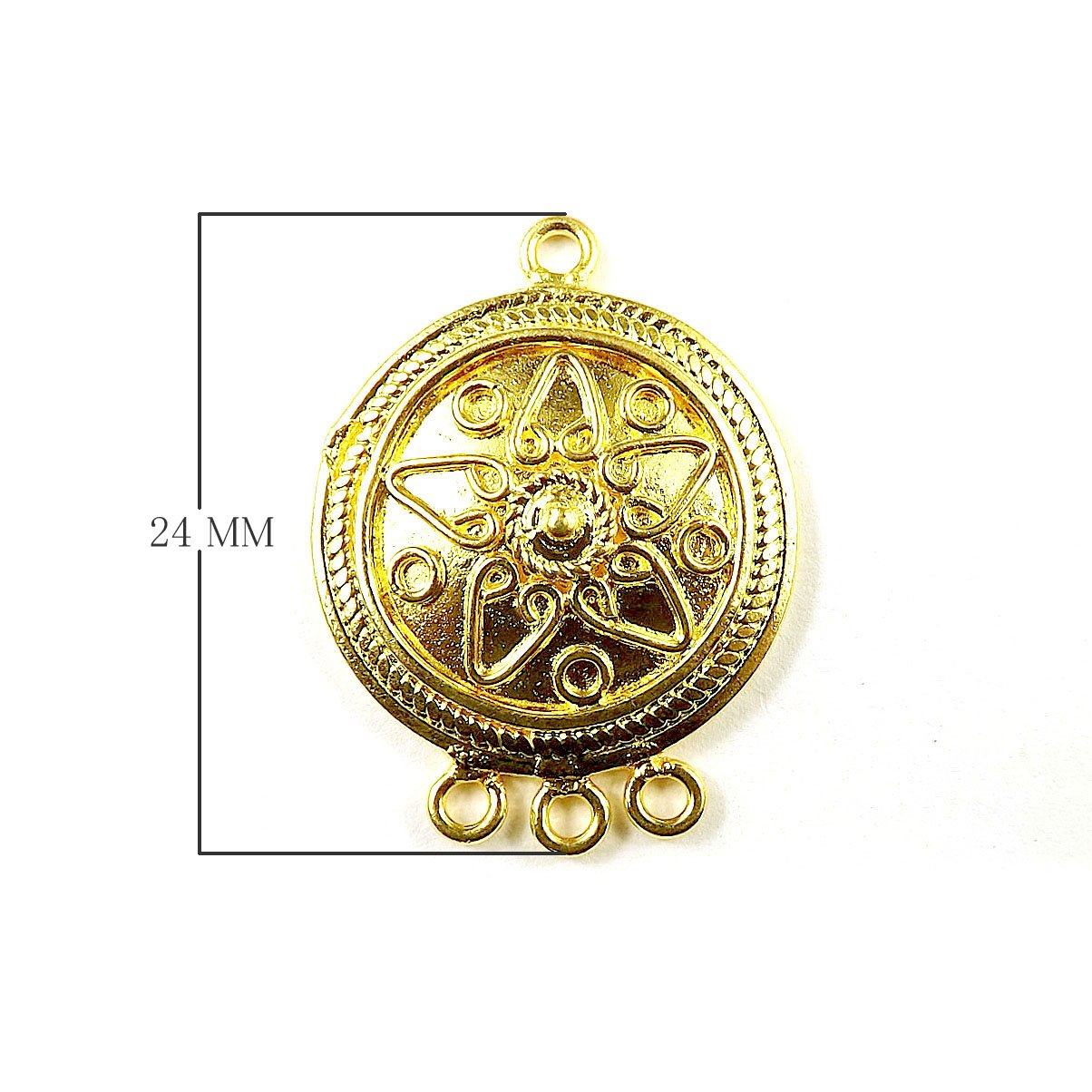 Round floral connectors with 3 holes featuring center dome crafted in 18K Gold Overlay Over Copper from India