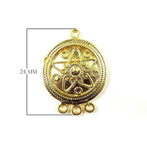 Round floral connectors with 3 holes featuring center dome crafted in 18K Gold Overlay Over Copper from India