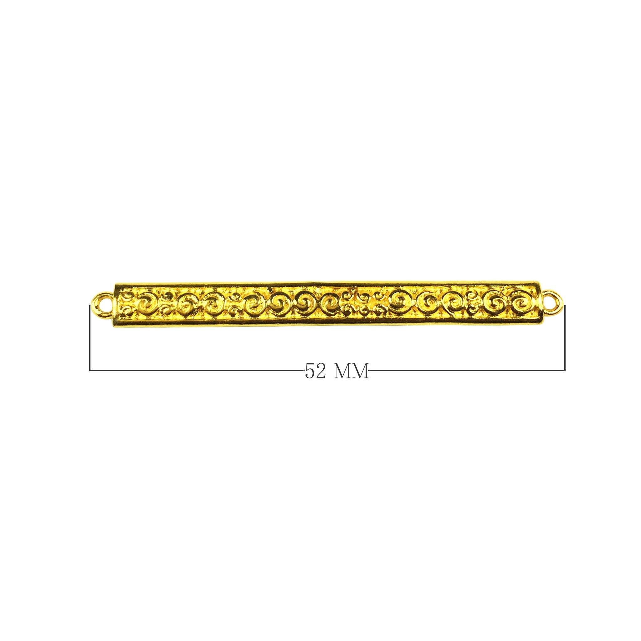 Long engraved bar connector with 2 hole, 18K Gold Overlay Over Copper, handcrafted in India.