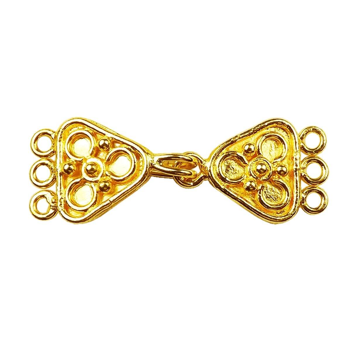 Floral motif multi strand hook clasp with 3 holes made with 18K Gold Overlay Over Copper, handcrafted in India for wholesale jewelry making.