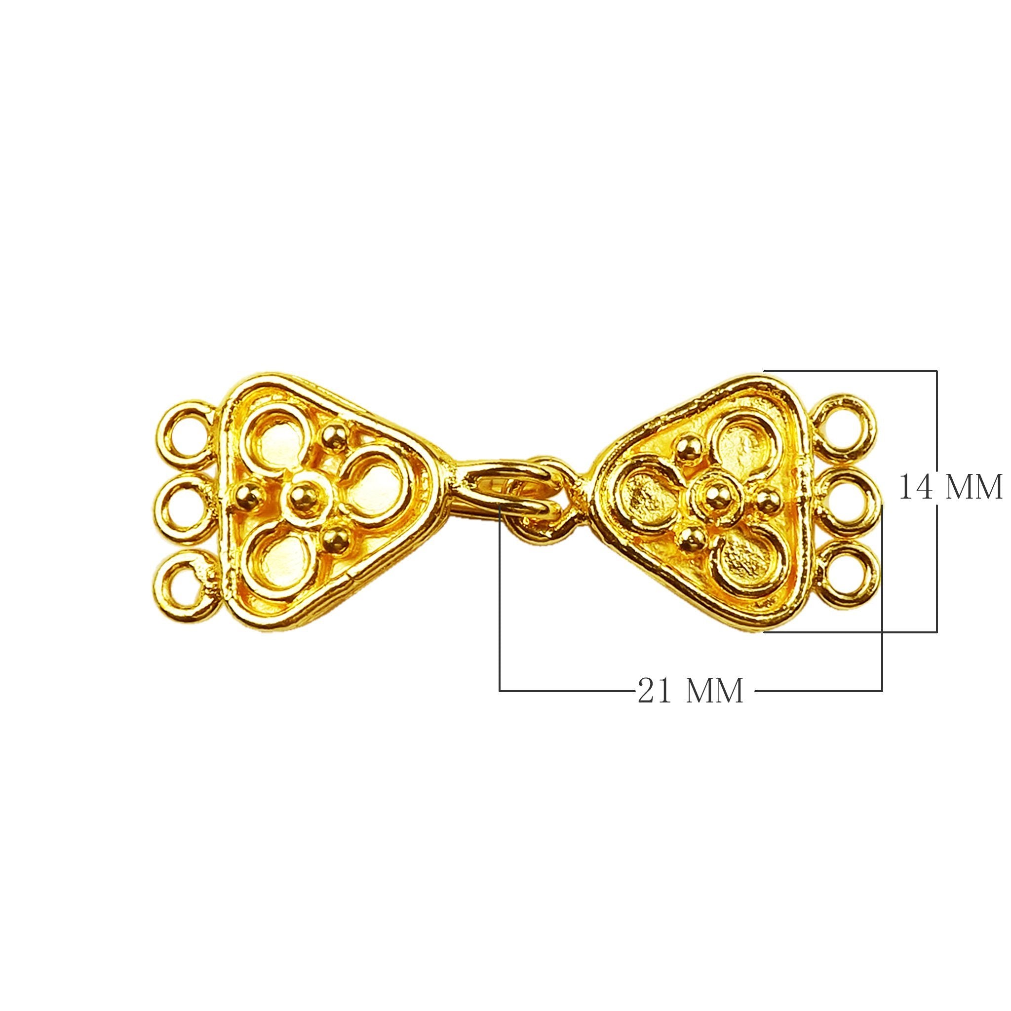 Floral motif multi strand hook clasp with 3 holes made with 18K Gold Overlay Over Copper, handcrafted in India for wholesale jewelry making.