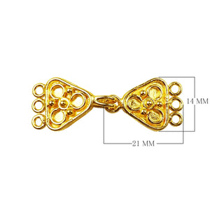 Floral motif multi strand hook clasp with 3 holes made with 18K Gold Overlay Over Copper, handcrafted in India for wholesale jewelry making.