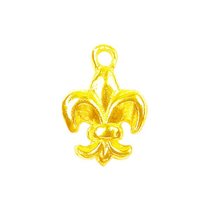 18K Gold Overlay Over Copper Fleur De Lis pendant handcrafted in India with textured gold finish for wholesale jewelry buyers