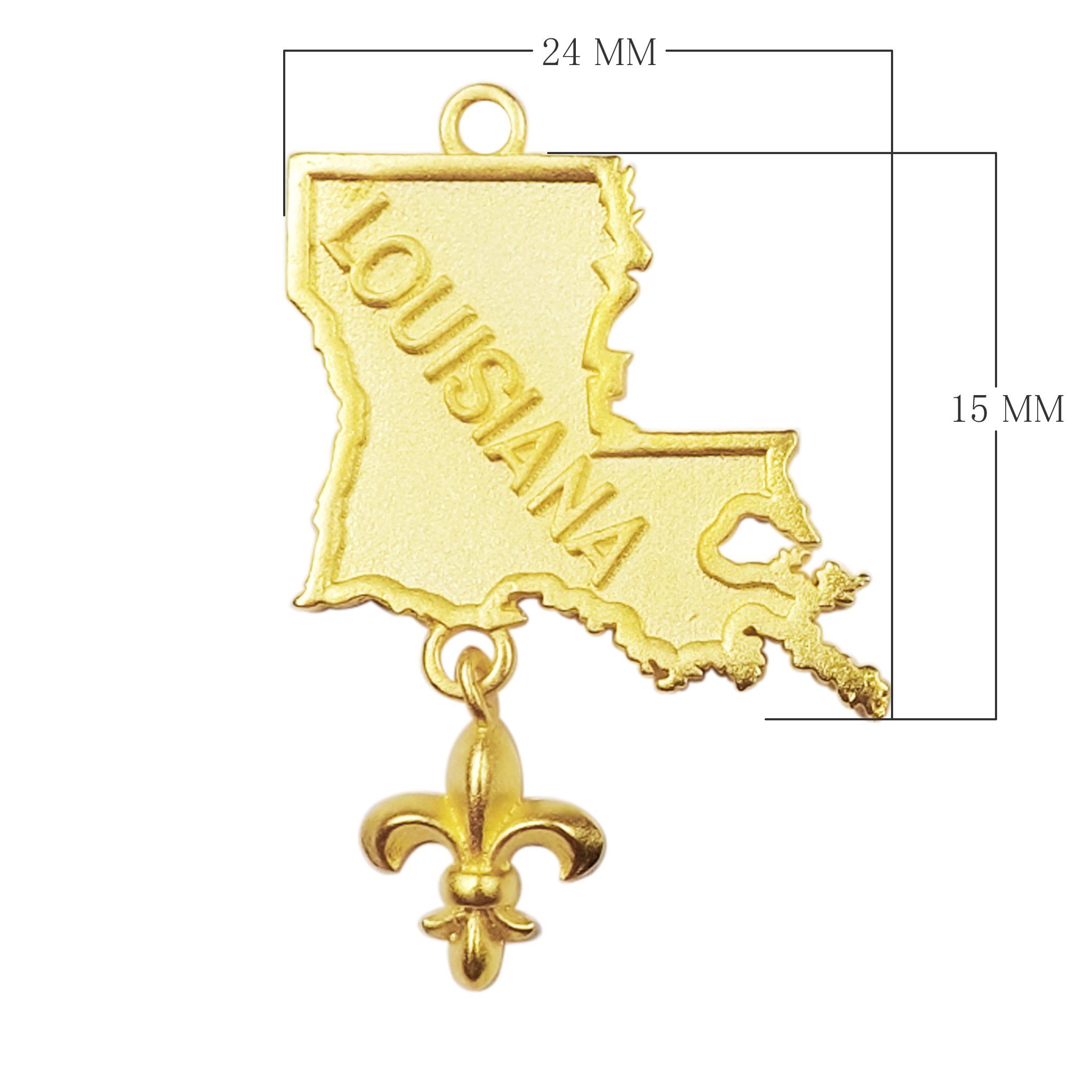 18K Gold Overlay Over Copper Louisiana state map charm with hanging fleur-de-lis, handcrafted jewelry component made in India