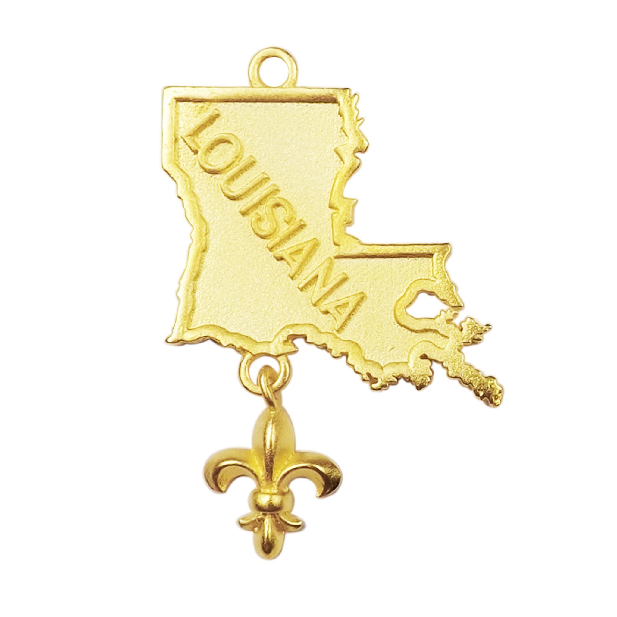 18K Gold Overlay Over Copper Louisiana state map charm with hanging fleur-de-lis, handcrafted jewelry component made in India