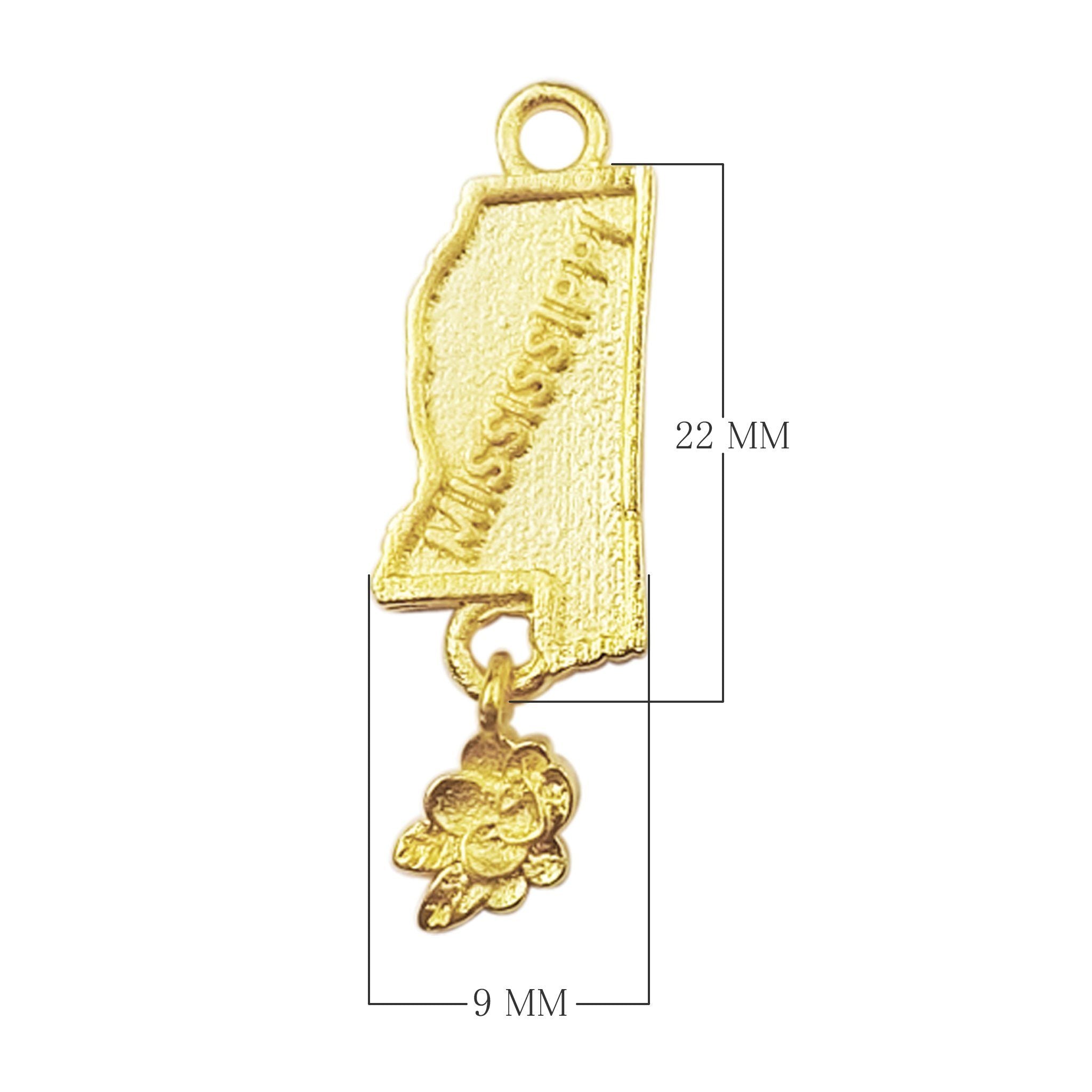 18K Gold Overlay Over Copper Mississippi state map charm with engraved name and flower dangle, handcrafted jewelry component made in India
